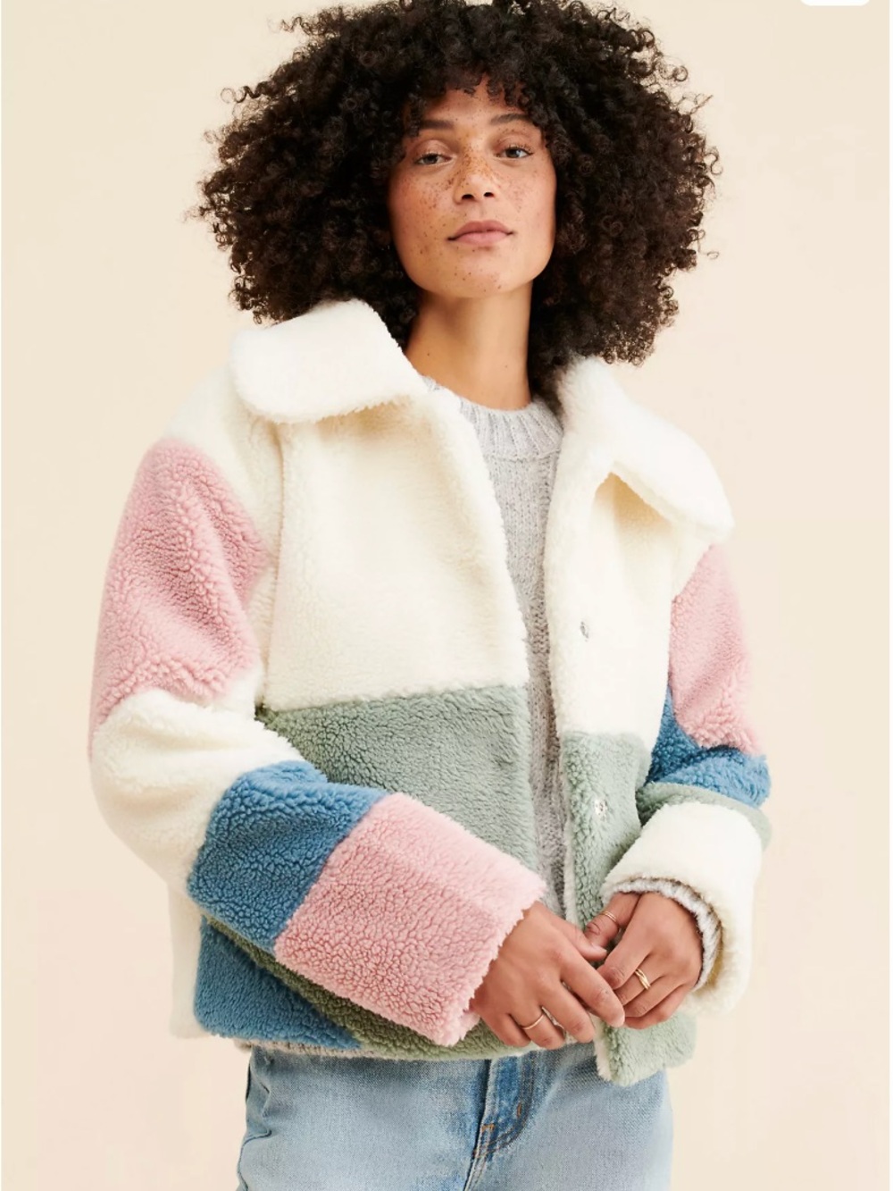 VIGOSS Cozy Colorblock Sherpa Jacket - Cream, Pink, Blue, Green - Size XL